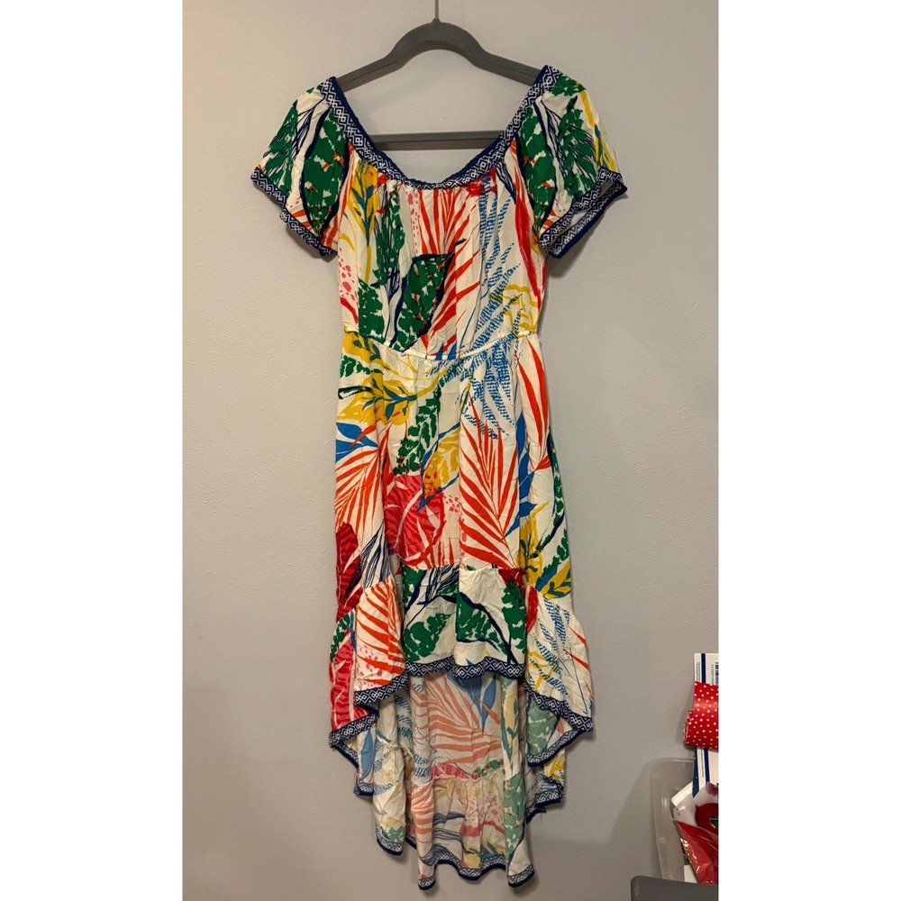 Flying Tomato Maxi Dress Womens L Multi Tropical Leaf High Low Off the Shoulder - Picture 2 of 6